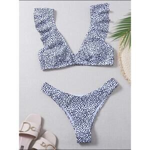 NEW NWT M Black & White Dalmatian Print Ruffle Bikini Set Swimsuit Swimwear